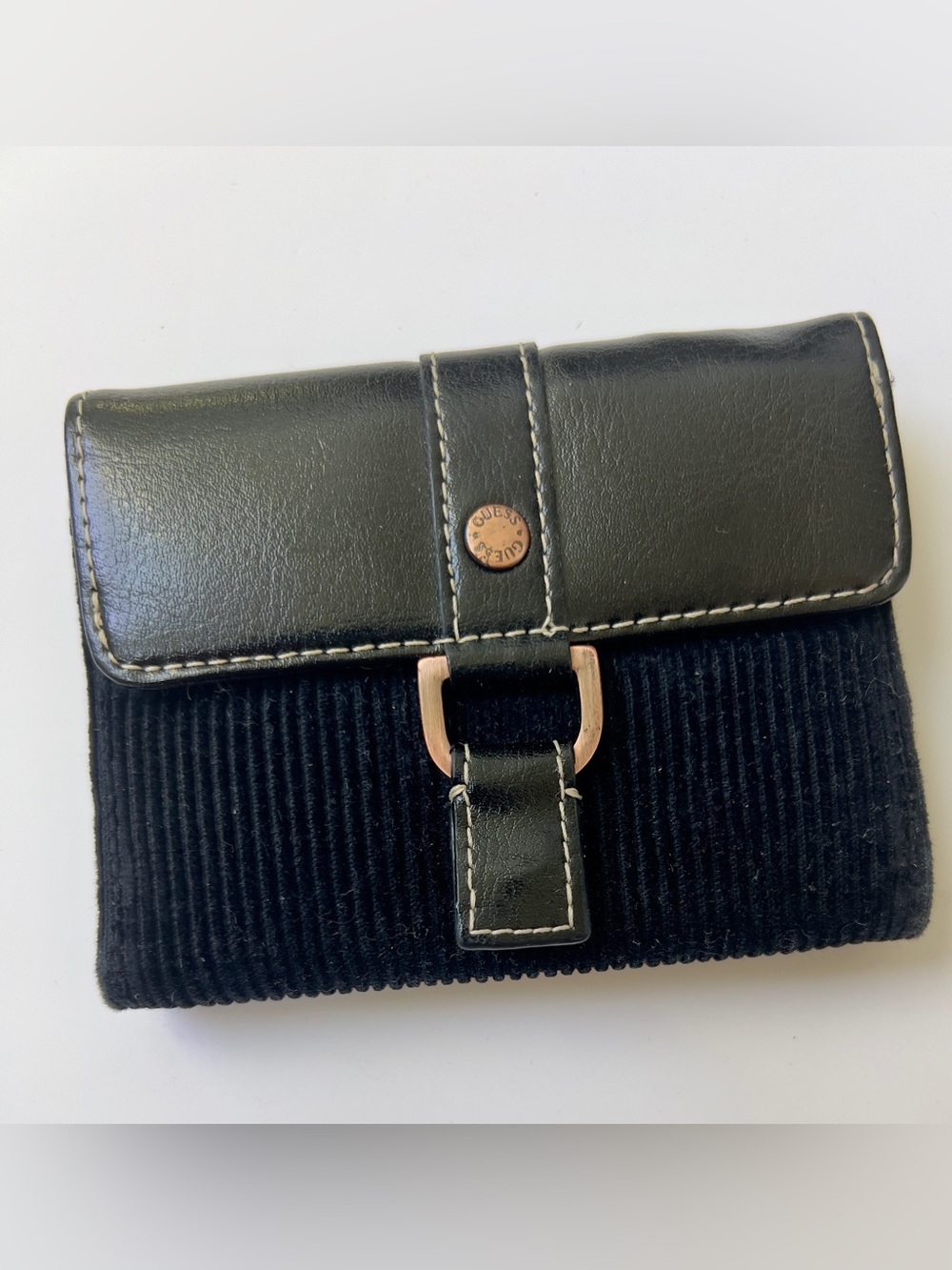 Guess Black Leather & Corduroy Wallet with Rose Gold Accents